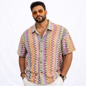 FACADE Disco Rave Zigzag Print Short Sleeve Button Shirt Sz 4X Retro Boogie 70s